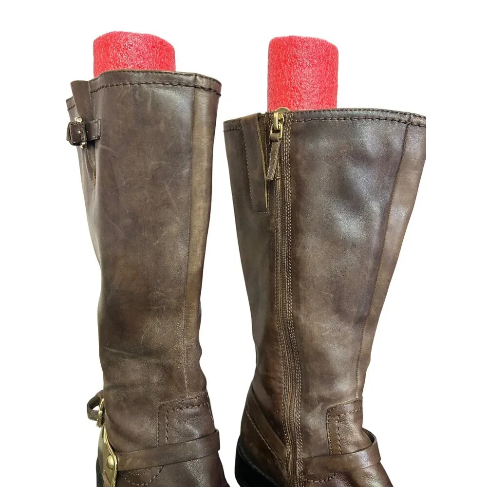 Brown Ecco Leather Tall Riding Boots With Buckle & Side Zipper